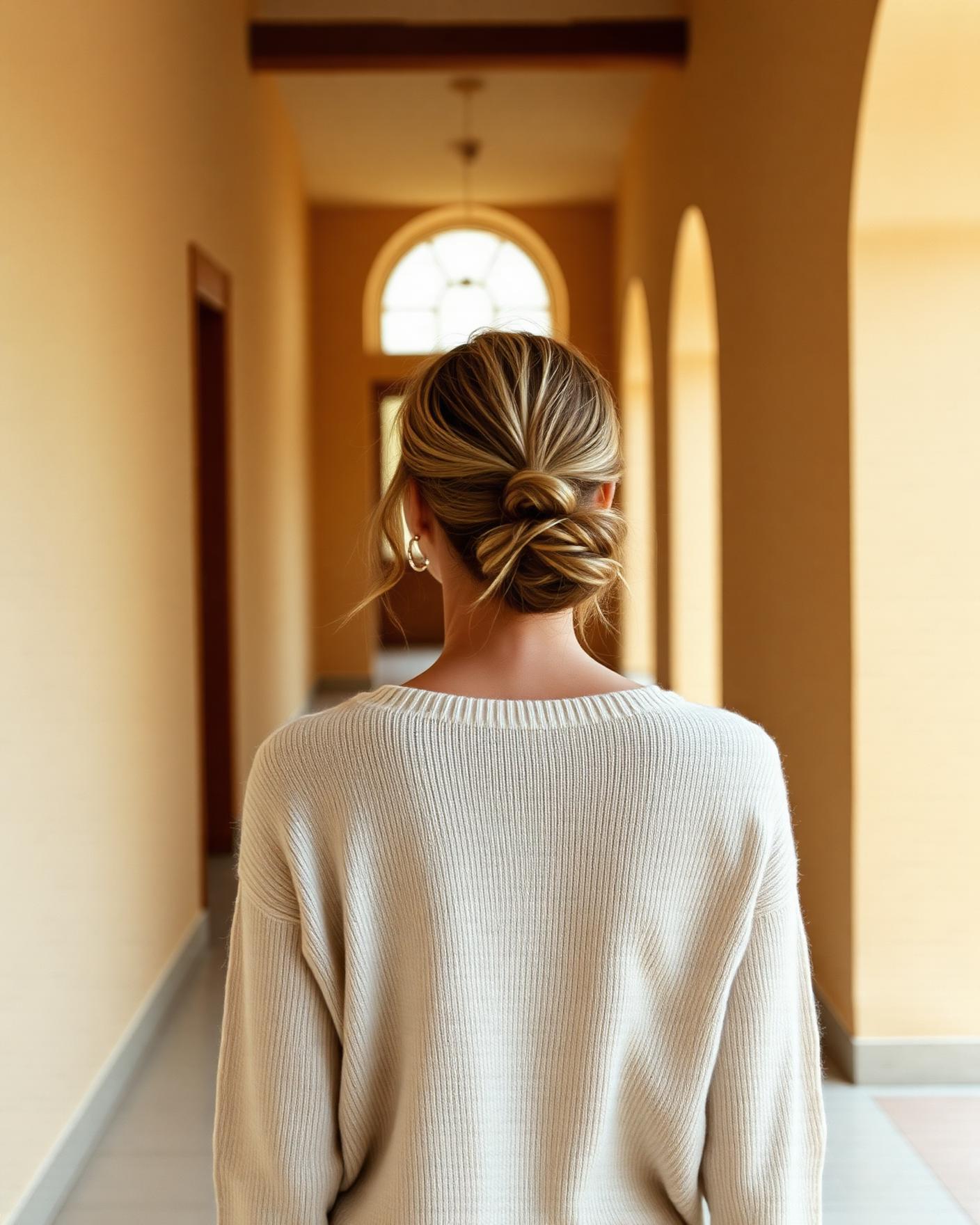Leilah, seen from behind, walking through a warm minimalist villa hallway.