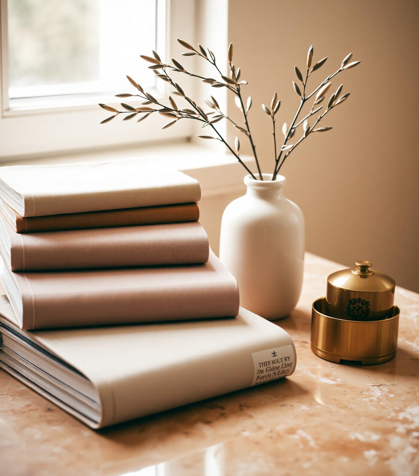 Editorial still life: linen books, a ceramic vase with olive branches, and brass objects on a travertine table.