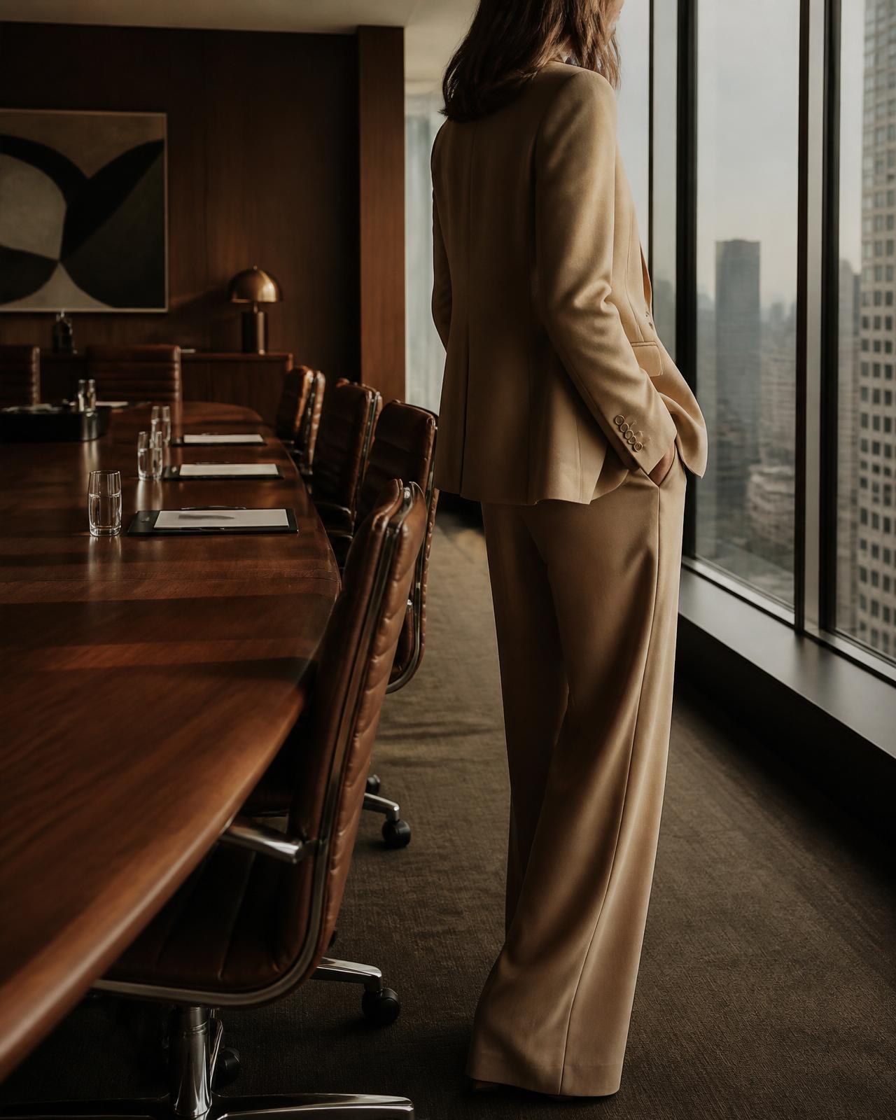 A woman in a tailored camel suit standing by floor-to-ceiling windows in a modern boardroom with a walnut table and leather chairs.